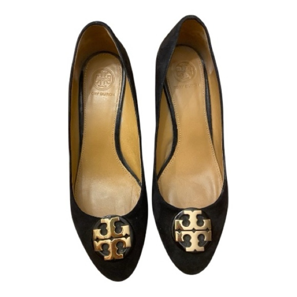 Tory Burch Luna Suede Black Flats with Gold Logo Wedge